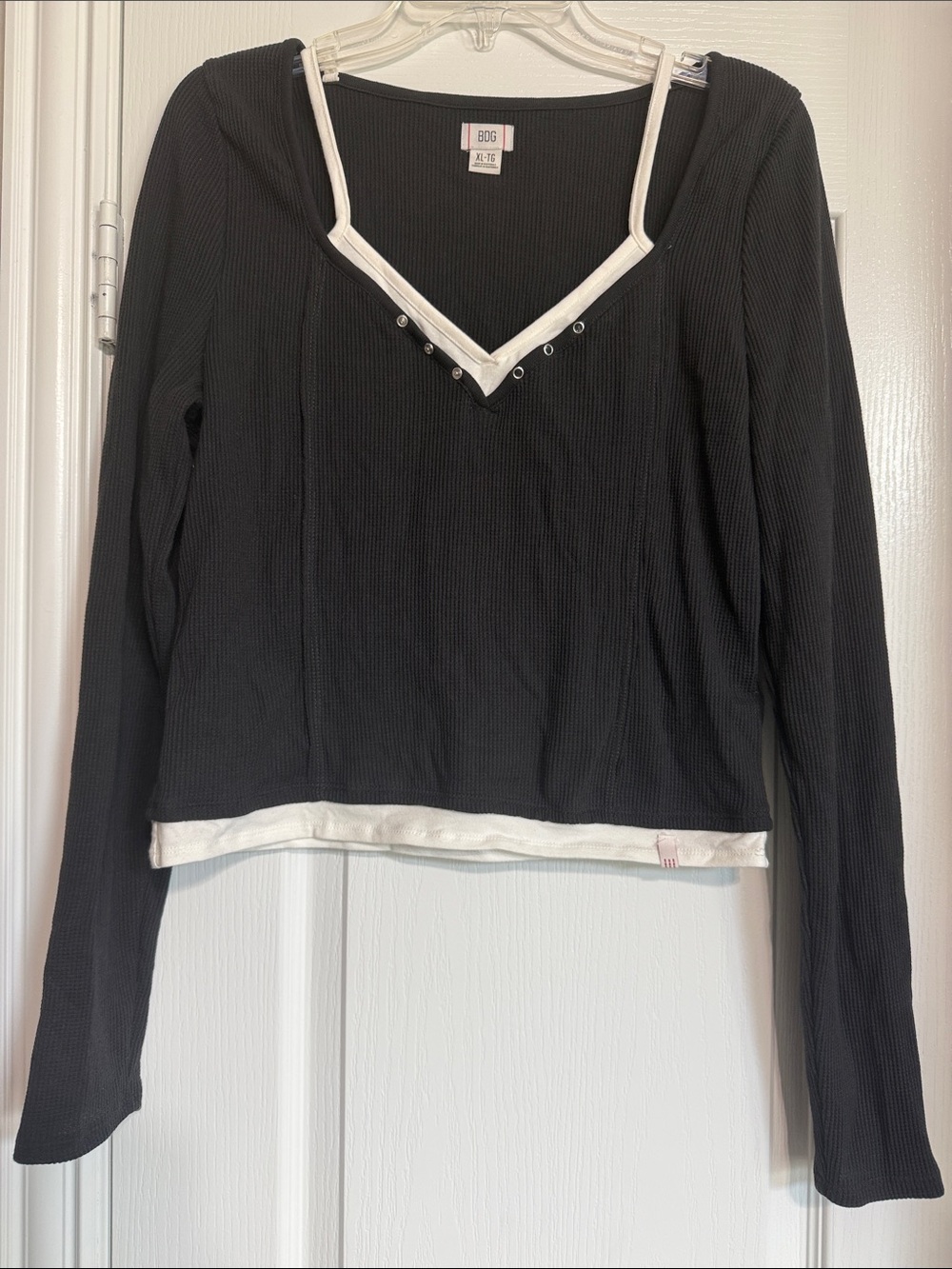 BDG Black Long-Sleeve V-Neck Ribbed Top with White faux tank top